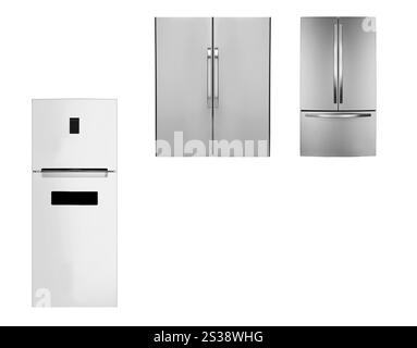 three stainless steel refrigerators isolated on white Stock Photo