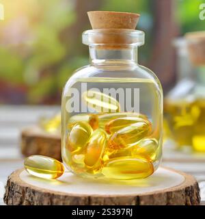 A clear bottle filled with fish oil is placed on top of a brown wooden table, creating a simple yet functional scene. Stock Photo