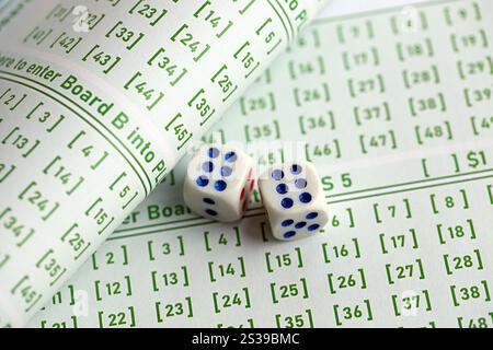 Lottery tickets and dice on blank bills with numbers for playing lottery close up. Lottery tickets and dice on blank bills with numbers for playing Stock Photo