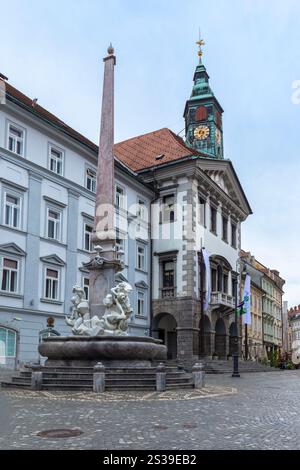 View of the Municipality and Robba's fountain in the town centre of Ljubljana. Slovenia. Stock Photo