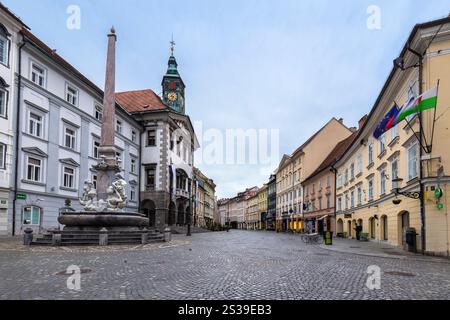 View of the Municipality and Robba's fountain in the town centre of Ljubljana. Slovenia. Stock Photo