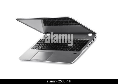 laptop half closed isolated on white background. laptop half closed Stock Photo