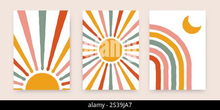 Abstract sun rainbow posters. Boho childish backgrounds, contemporary covers. Geometric vector wall decor Stock Vector
