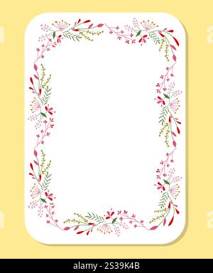 Delicate rectangular floral frame adorned with pink, red, yellow, green flowers and leaves. Stock Vector