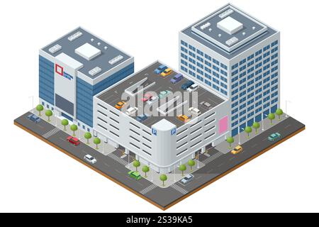 Isometric cityscape with a multi-storey parking structure surrounded by modern office buildings. Features urban elements like cars and trees Stock Vector