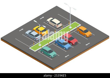 Isometric parking lot illustration with multiple cars and green spaces. Vector graphic showcasing road signs, arrows, and street lights Stock Vector