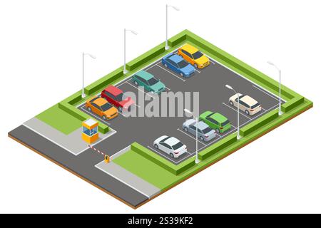 Secure gated parking lot isometric design with lush green hedges and vibrant vehicles. Features an entrance booth and lighting setup Stock Vector