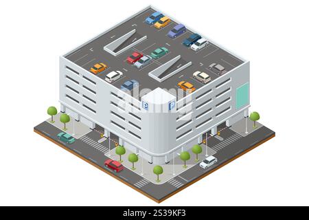 Multi-level parking building illustration in isometric style. Showcases various floors of organized parking with cars and urban surroundings Stock Vector