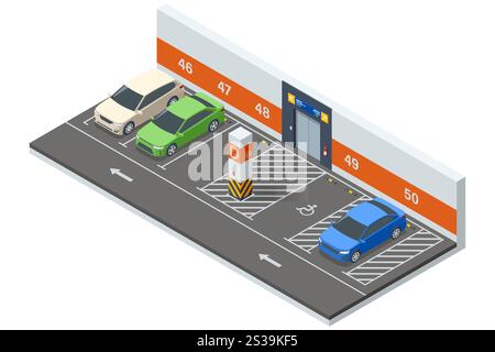 Underground parking illustration with numbered slots and dedicated handicapped parking spaces. A secure and organized isometric layout Stock Vector