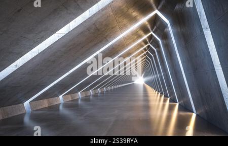 Empty concrete corridor with light at the end in a modern building 3d Stock Photo