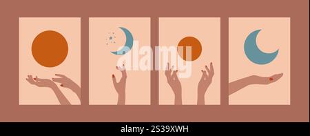 Boho poster set. Hands holding sun moon contemporary minimalist backgrounds, mid century wall decor, vector art print Stock Vector
