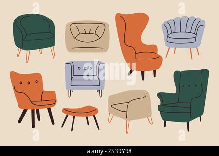 Doodle modern furniture set. Comfy chairs mid century contemporary style, vector armchairs, room decoration interior design Stock Vector