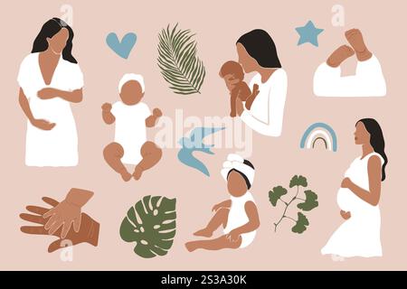 Abstract mother kid icon set. Flat pregnant woman baby elements, contemporary printable bundle. Vector cartoon art Stock Vector