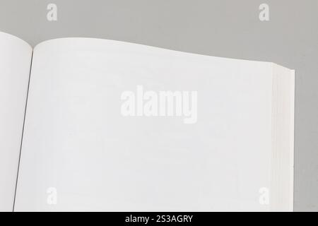 Open Book with Blank Pages on a Grey Background. Great for wisom quotes. Stock Photo