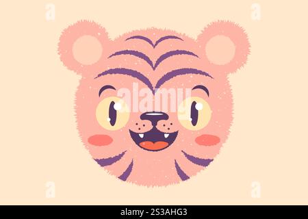 Vector illustration of head of a tiger for children. Vector icon of kawaii tiger for kids party. Baby Tiger emoji for Chinese new year. Stock Vector