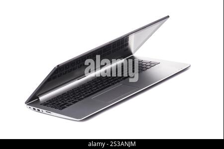Silver laptop half closed on white background. Silver laptop half closed Stock Photo