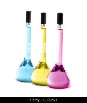 Laboratory glassware with liquids of different colors isolated on white background. Laboratory glassware with liquids of different colors Stock Photo