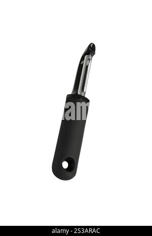 black plastic vegetable peeler isolated on white. black plastic vegetable peeler Stock Photo