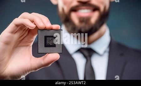 A man is holding a small electronic device microchip in his hand. The device appears to be modern and sleek. The mans fingers are wrapped around the Stock Photo