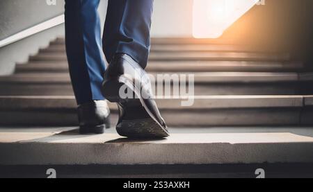 Close up image of a person taking a step on a staircase, symbolizing progress, movement, and action. Person taking a step on a staircase, symbolizing Stock Photo