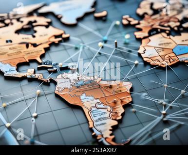 A close up shot of a digital map displaying worldwide network connectivity, highlighting the global reach and interconnectedness of modern Stock Photo