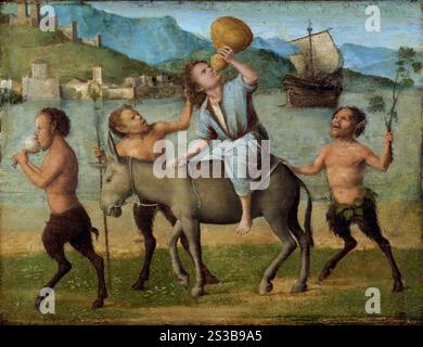 Satyrs with Silenus Giovanni Battista Cima da Conegliano - The Bacchic Cassone was a 1505–1510 panel painting by Cima da Conegliano, produced as the front panel of a decorated cassone Stock Photo