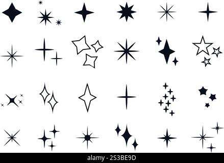 Graphic design elements set includes sparks and stars. Simple ink icons of stars, glitter, glow, shimmer clip art. Vector graphics Stock Vector