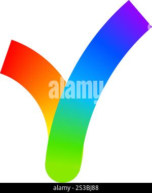 Rainbow colored tick sign. Cool multicolored mark icon isolated on white background. Organic doodle check figure with gradient effect. Vector illustration. Stock Vector