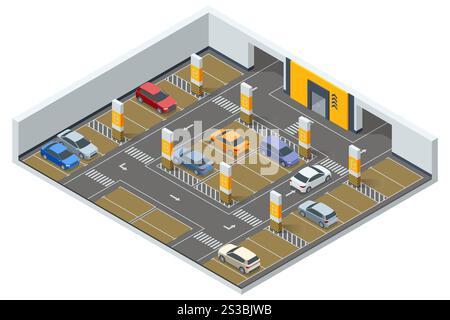 Isometric vector illustration of an underground parking lot featuring bright yellow and brown color-coded areas, directional arrows, and organized car Stock Vector