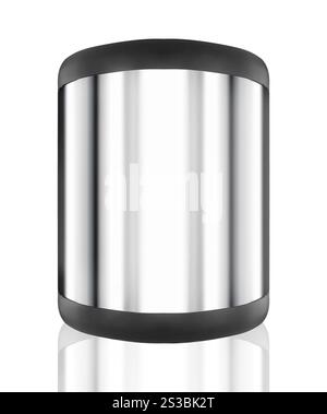 Open empty metal round container isolated on white Stock Photo - Alamy