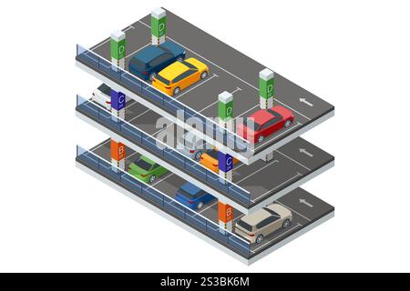 Isometric vector design of a multi-level parking structure featuring cars on different floors, color-coded sections, and organized parking slots for Stock Vector