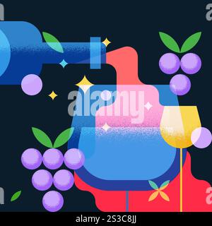 Red wine poured from bottle into glass. Vector illustration. Abstract colorful geometric bar drinks menu background. Winery shop label, poster, print, Stock Vector