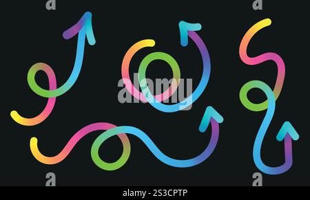 Neon Color Gradient squiggle lines arrows. Scribble stripe with wavy arrows Stock Vector