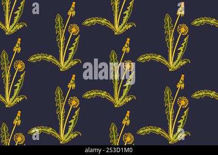 Botanical abstract seamless pattern background with dandelion flowers vector illustration. Repeating line art meadow floral print in blue vintage past Stock Vector