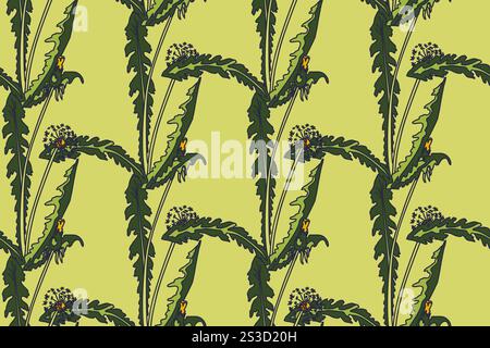 Botanical abstract seamless pattern background with dandelion flowers vector illustration. Repeating line art floral print in green vintage pastel col Stock Vector