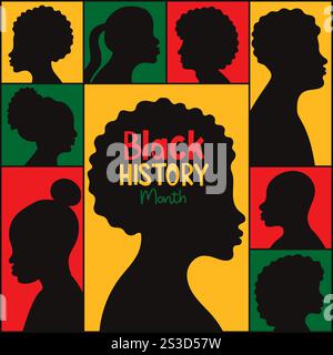 Black History Month poster. Silhouette African American men and women in repeating geometric shapes in red, yellow, green in color national flag. Vect Stock Vector