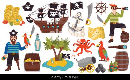 Cartoon pirate set of design elements in flat style. Pirates and ship, anchor and ship s wheel, treasure map and Macaw parrot. Stock Vector
