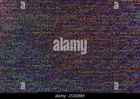 Image of a code editor displaying blurry lines of computer programming code, highlighting syntax elements like keywords, strings, numbers, and functio Stock Photo
