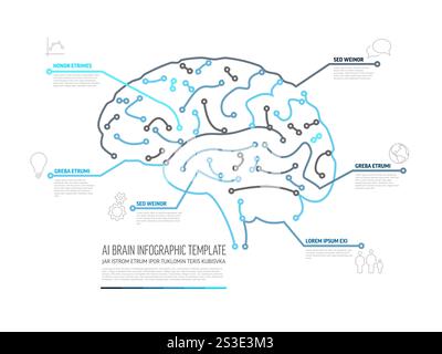 This AI brain infographic template illustrates complex neural networks with data points. The brain design is enhanced with labels, showcasing the AI c Stock Vector