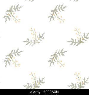 Seamless pattern of delicate green leaves and yellow buds on white background. Stock Vector