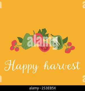 Colorful harvest vegetables on yellow background with happy harvest text. Stock Vector