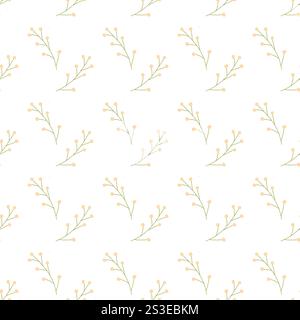 Minimalist floral pattern with simple yellow branches and leaves on white background. Stock Vector