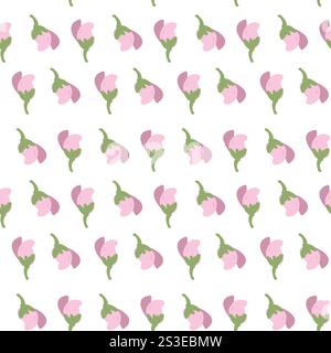 Seamless floral pattern with pink and green simple flowers on white background. Stock Vector