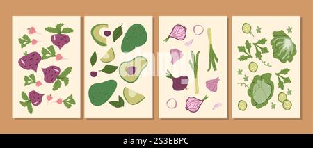 Colorful assorted vegetables and fruits in artistic illustrations on canvas. Stock Vector