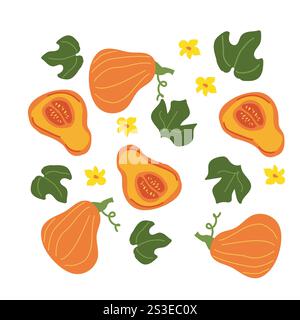 Colorful autumn butternut squash and leaves pattern design. Stock Vector
