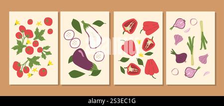 Colorful vegetable art with tomatoes, eggplants, peppers, and onions on canvas panels. Stock Vector