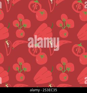 Seamless pattern of red vegetables: tomatoes and bell peppers on maroon background. Stock Vector