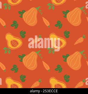 Autumn harvest pattern with butternut squash, carrots, and leaves in warm tones. Stock Vector