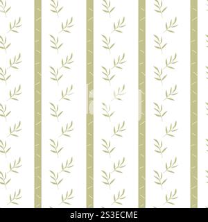 Seamless pattern of olive green leaves on striped background. Stock Vector