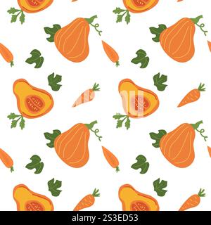 Seamless pattern of butternut squash and carrots on white background. Stock Vector